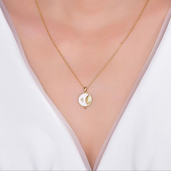 New Sterling silver 14k plated cubic zirconia white enamel round 18” necklace - Picture 3 of 5